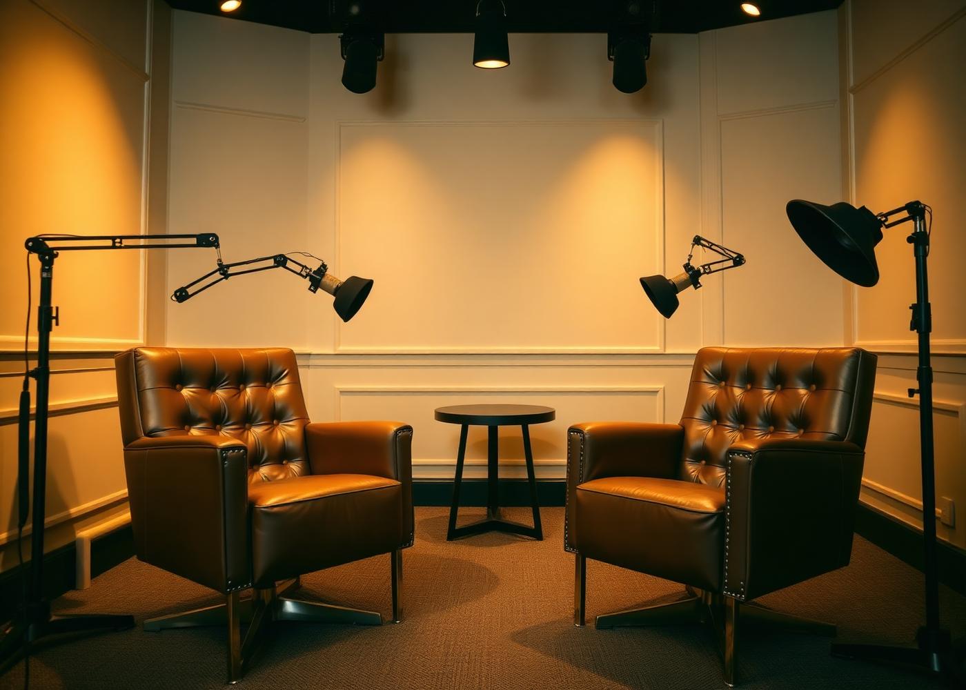 Two leather chairs in a warmly lit podcast set