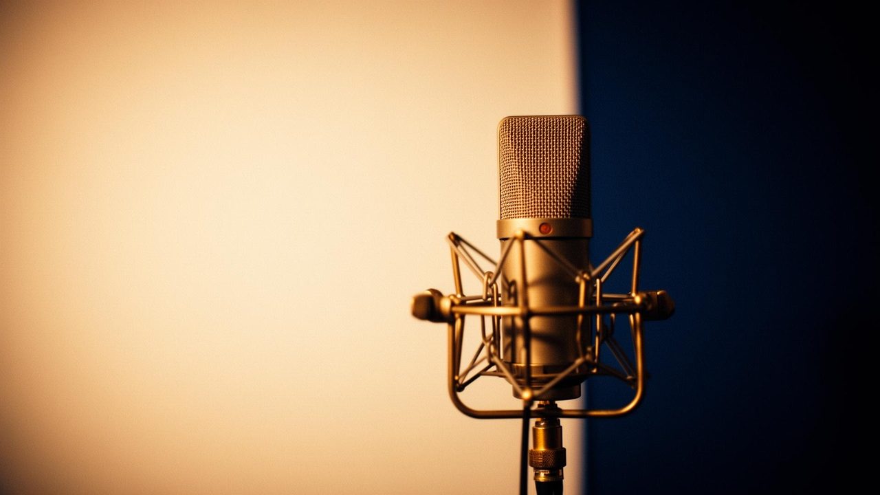 Vintage broadcast microphone in a warmly lit podcast studio