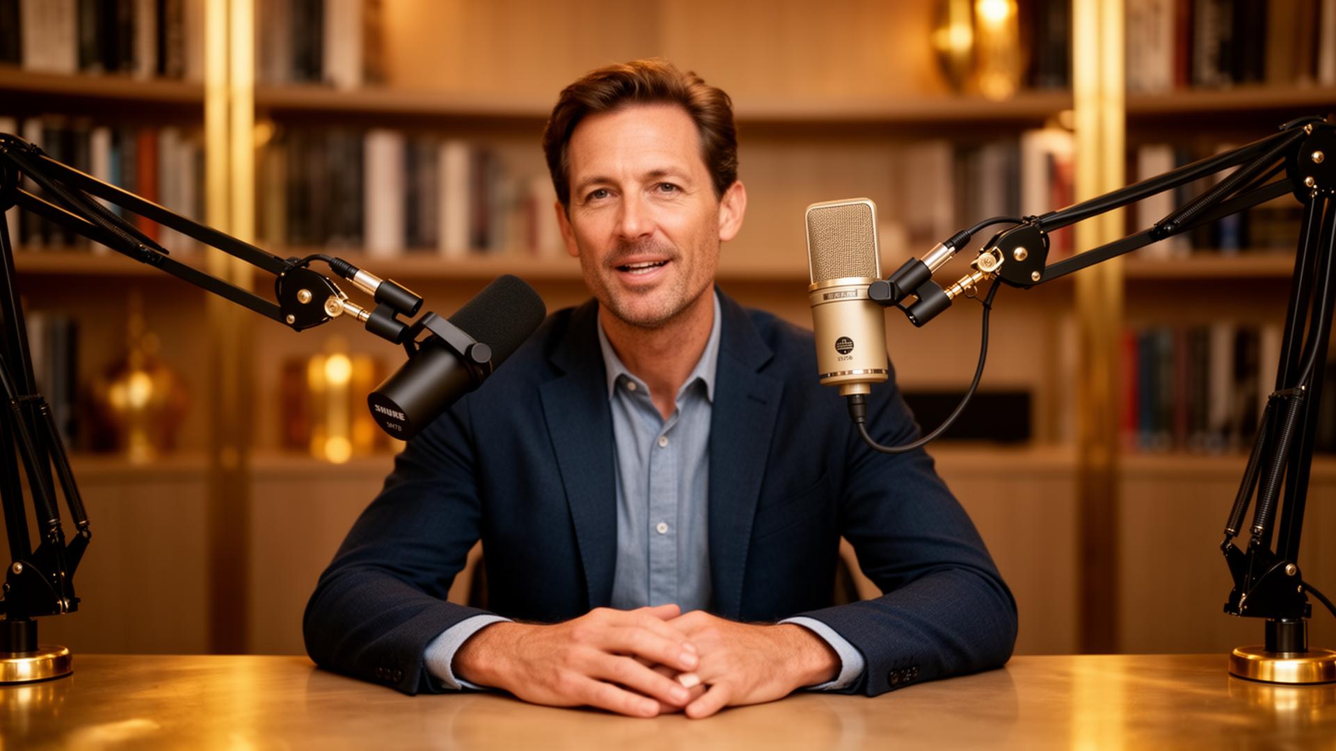 Business coach recording a podcast in a warm, professional studio