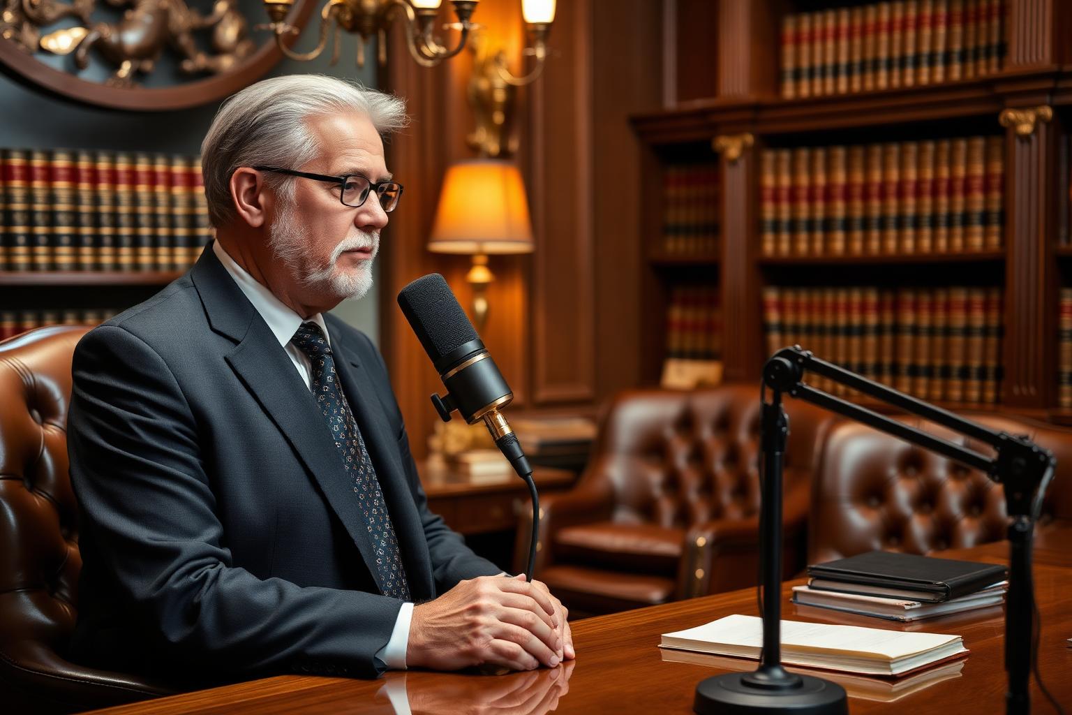 Attorney recording a legal podcast in an elegant law office library