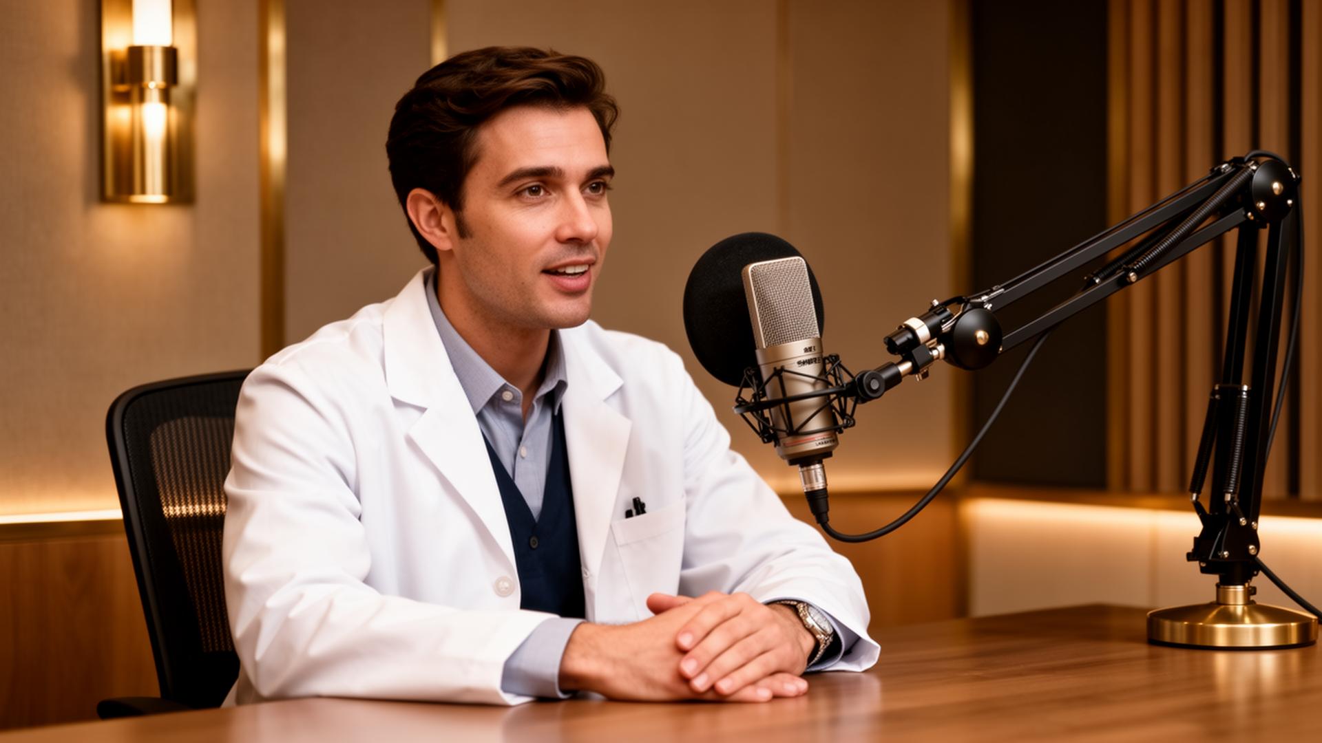 Doctor recording a patient education podcast in a professional studio