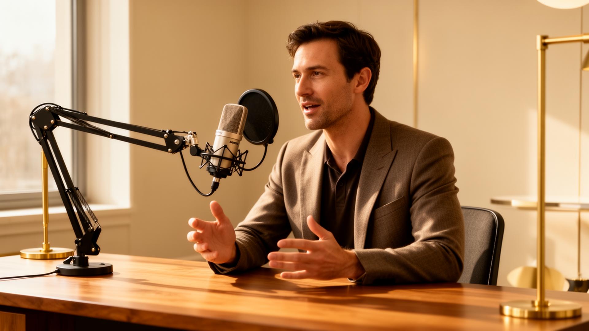 Real estate agent recording a podcast in a warm studio