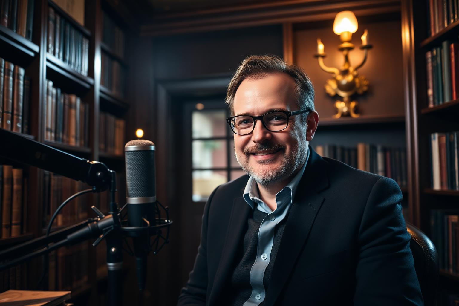 Founder and thought leader recording a podcast in a sophisticated library studio