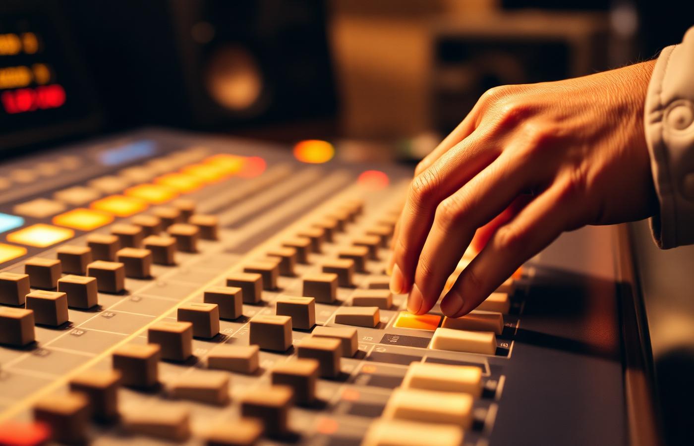 Hands adjusting an audio mixing console